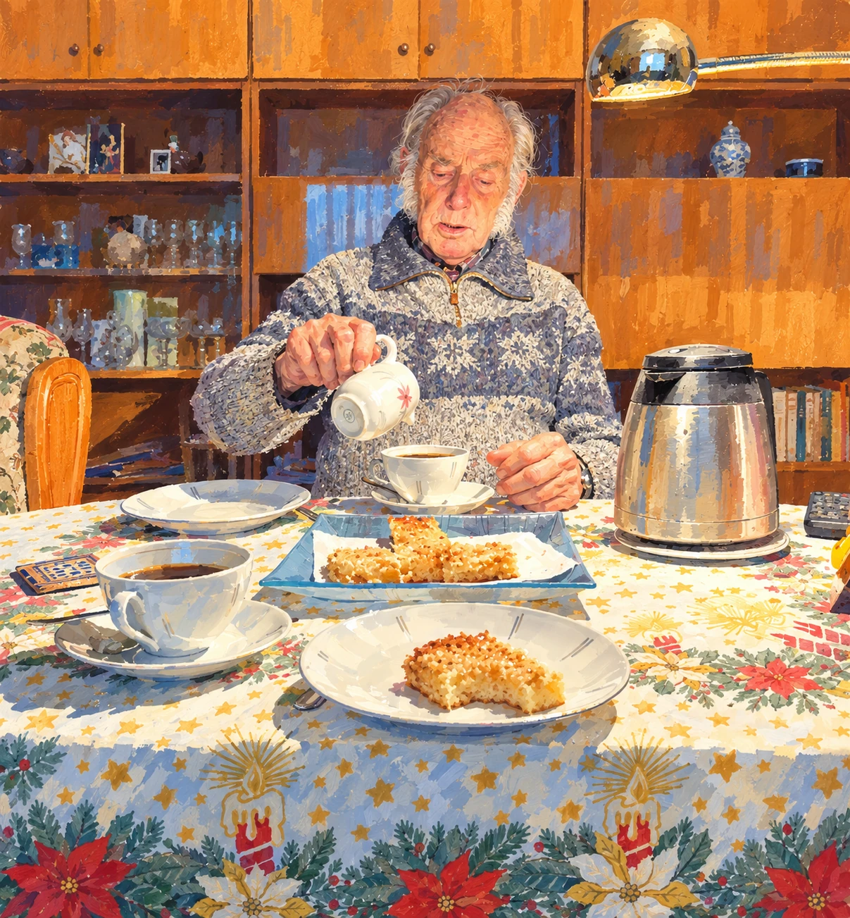 KI-Illustration nach dem bereitgestellten Foto: Michaels Opa am Tisch mit Kaffeetassen, Kuchen und einer kleinen Kanne in der Hand.