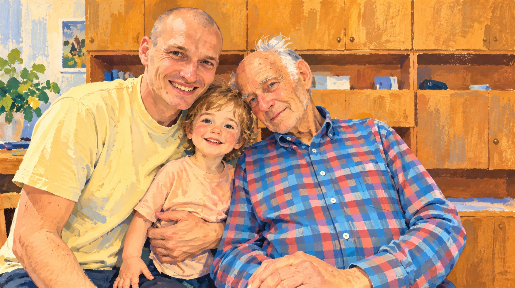KI-Illustration nach dem bereitgestellten Foto: Michael, sein Opa und sein Sohn zusammen im Wohnzimmer.