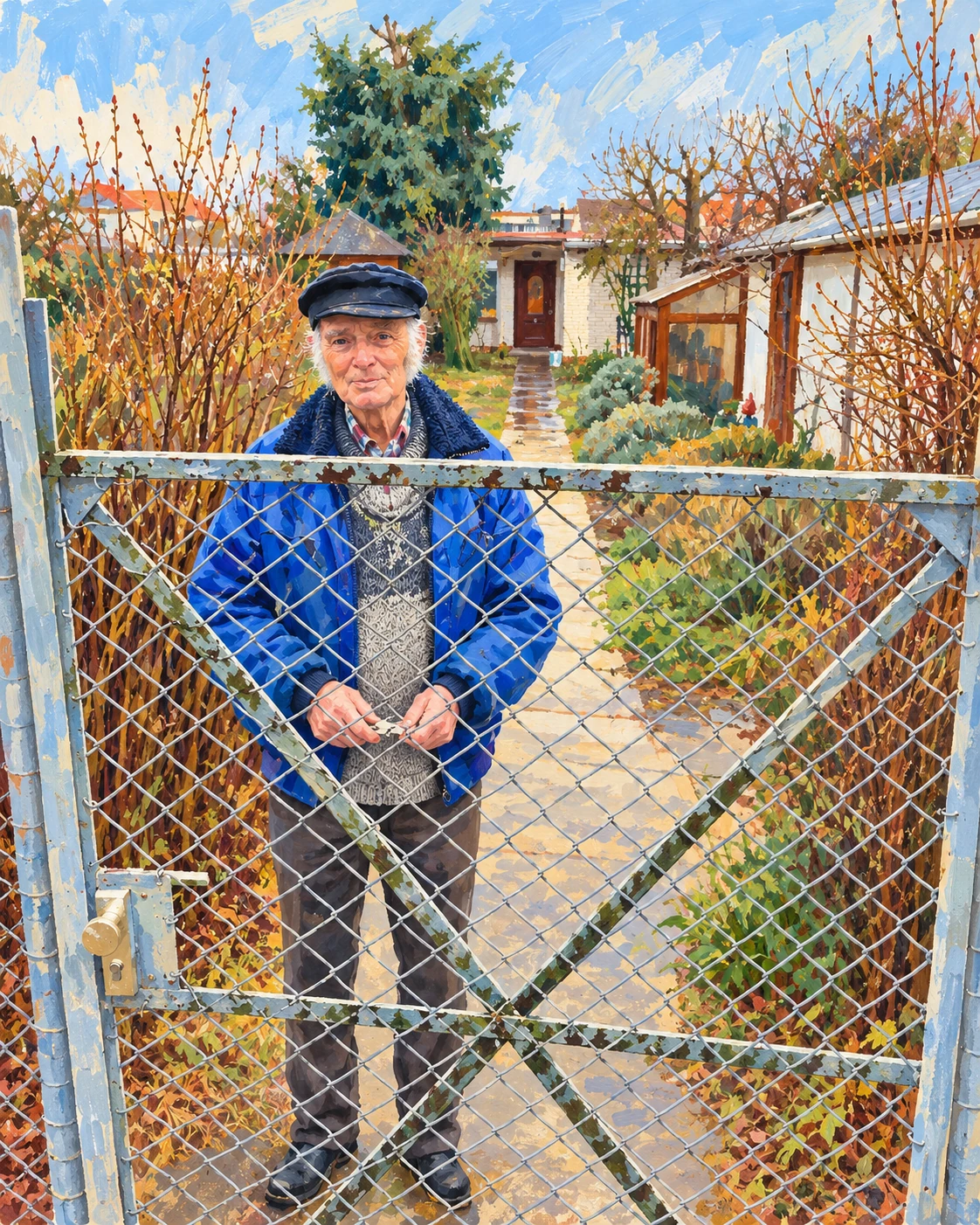 KI-Illustration nach dem bereitgestellten Foto: Michaels Opa steht mit blauer Jacke und dunkler Mütze am Gartentor.