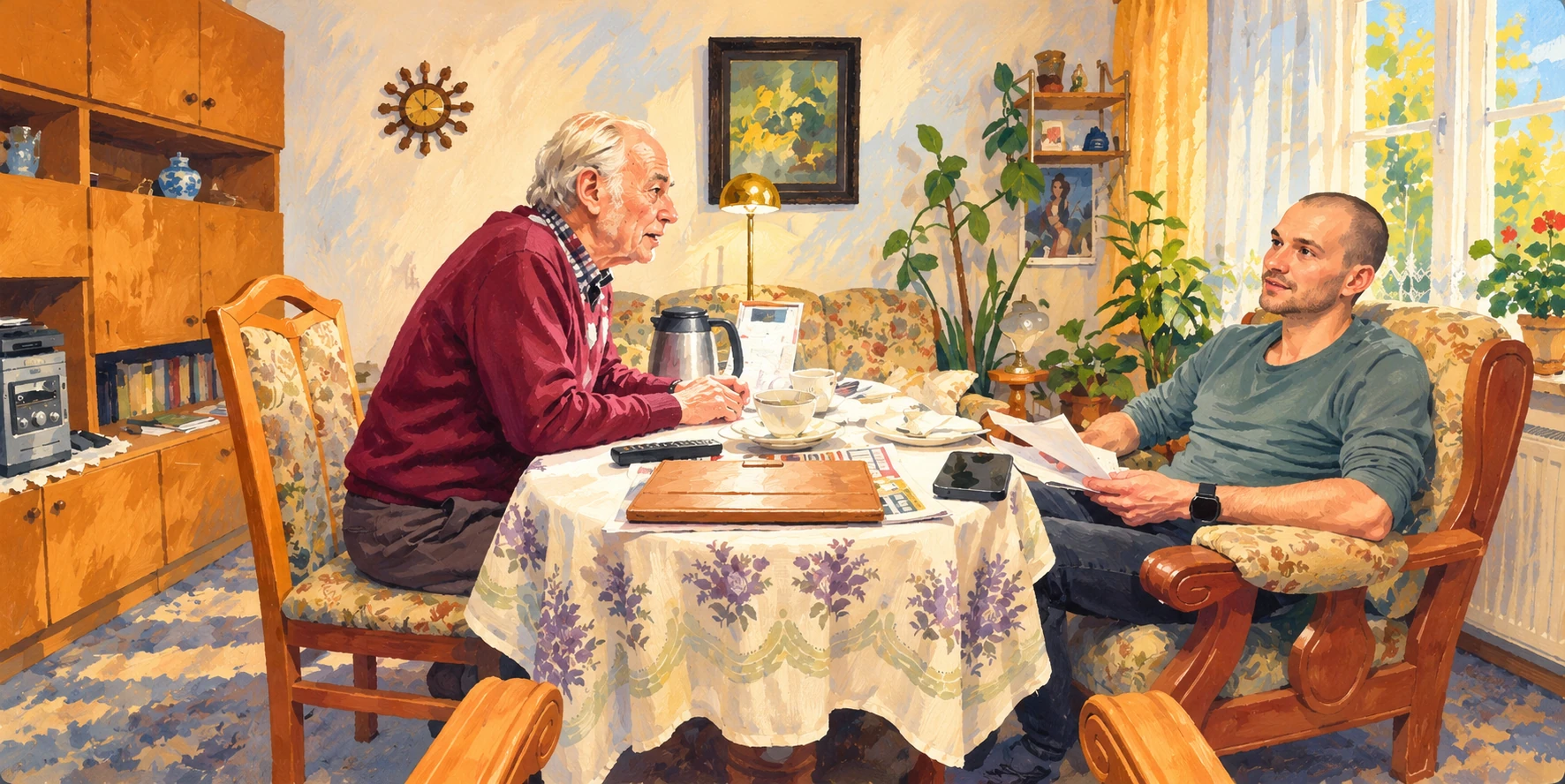 KI-Illustration nach dem bereitgestellten Foto: Michael hört seinem Opa beim Interview am Wohnzimmertisch zu.