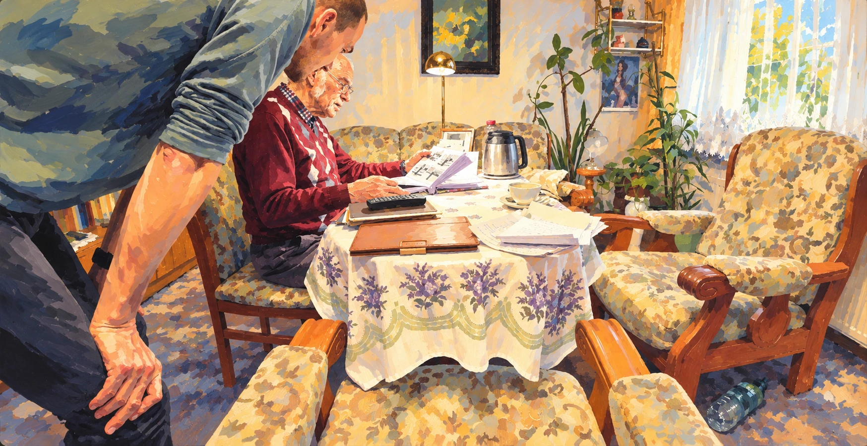 KI-Illustration nach dem bereitgestellten Foto: Michael und sein Opa schauen sich gemeinsam Unterlagen und Bilder am Tisch an.